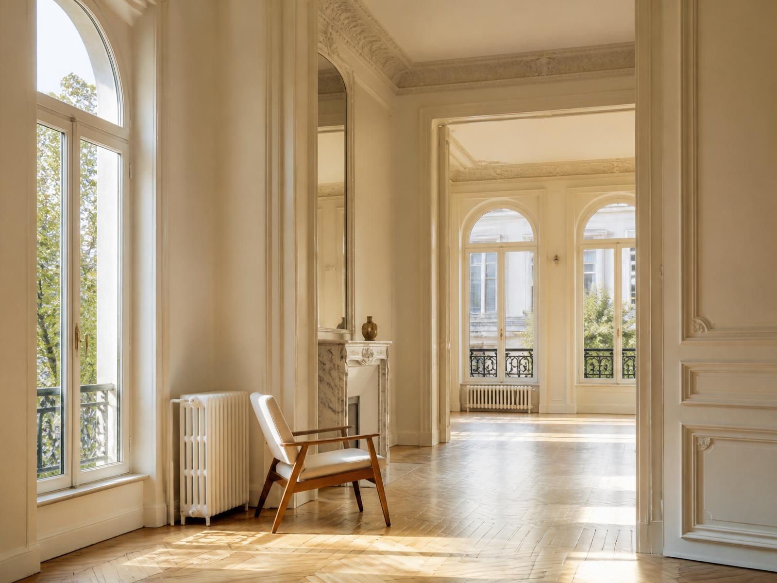 Bright Brussels Maison de Maître interior with high ceilings and herringbone floors